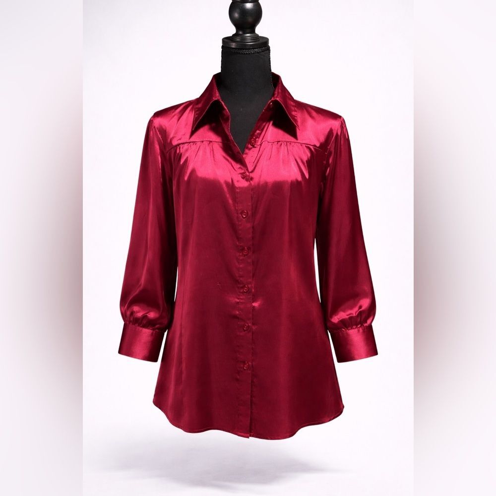 AB Studio Burgundy Satin Blouse Size Large